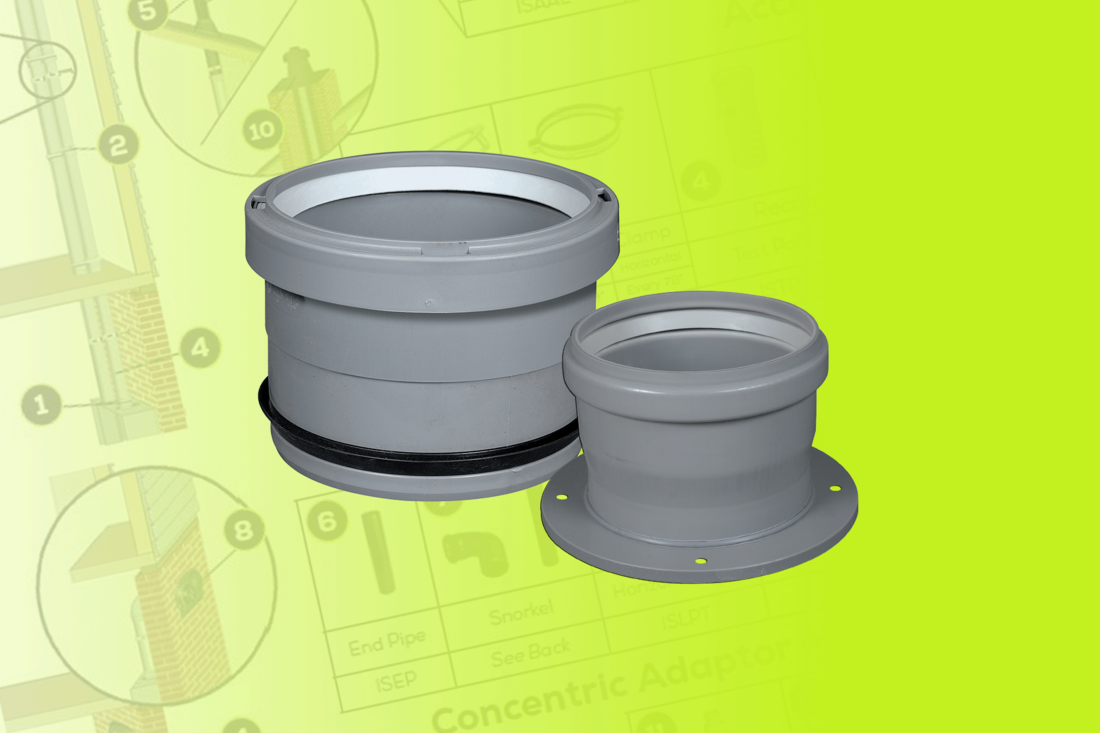 Two grey plastic appliance adaptors on a green background